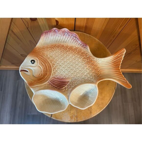 Vintage Ceramic FISH Serving Trays or Platters w Built In Sauce Cups (8864) - Picture 7 of 7